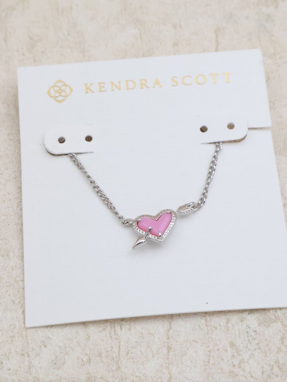 Kendra Scott Ari Heart Arrow Silver Pink Opalescent Resin Necklace